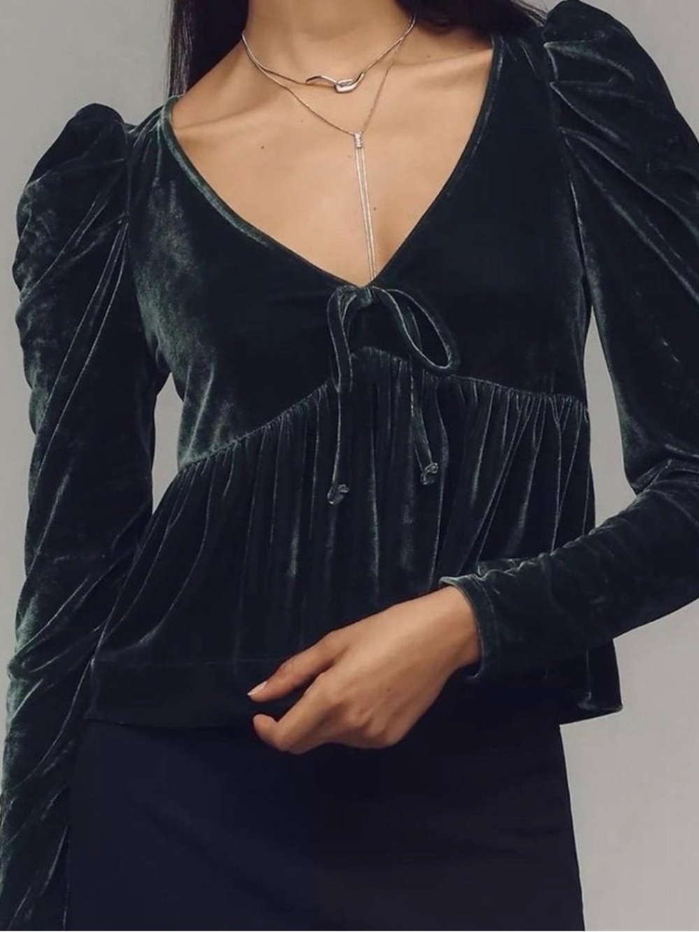 Anthropologie Dark Green Velvet Tie-Front Peplum Blouse